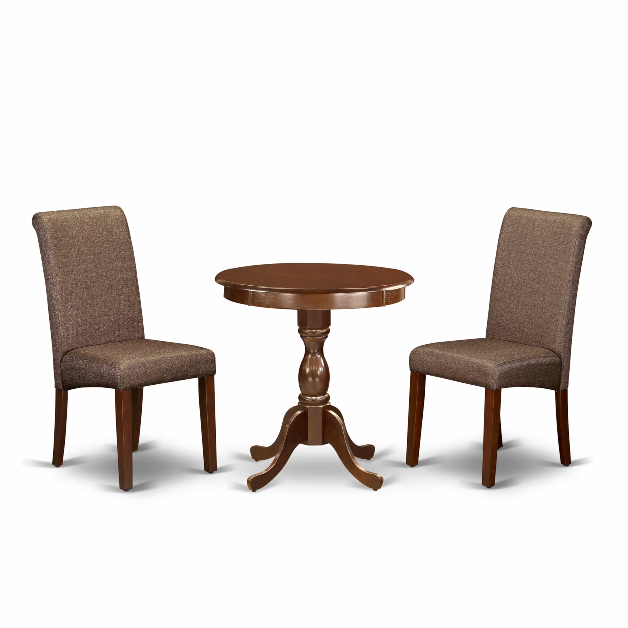 East West Furniture Esba3-Mah-18 3 Piece Kitchen Table Set Contains A Round Dining Room Table With Pedestal And 2 Brown Linen Linen Fabric Parson Dining Chairs, 30X30 Inch, Mahogany